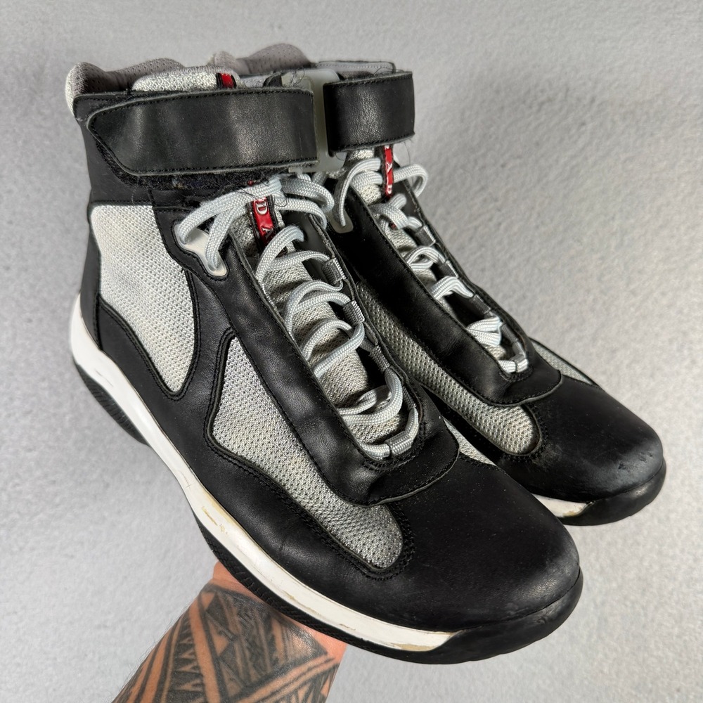 Prada Americas Cup High Top Sneakers Black Silver Leather Mesh 4T 0341 Mens 8